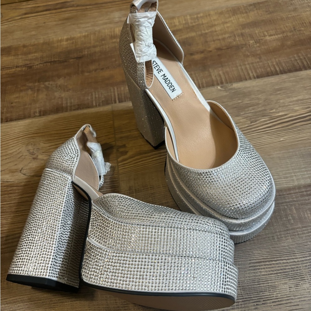 Steve Madden Charlize Rhinestone Chunky Silver Platform Shoes - Picture 6 of 8